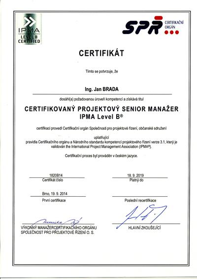 Certifikát IPMA B Jan Brada