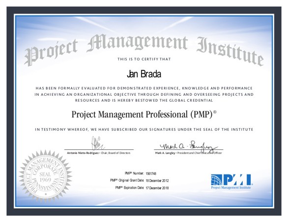 PMI PMP certifikát Jan Brada