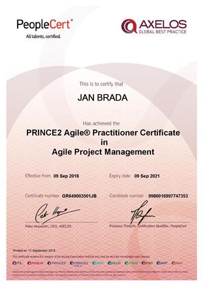 PRINCE2 Agile Practitioner certifkát Jan Brada