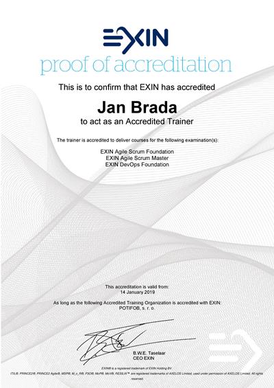 EXIN Accredited Trainer certifikát Jan Brada