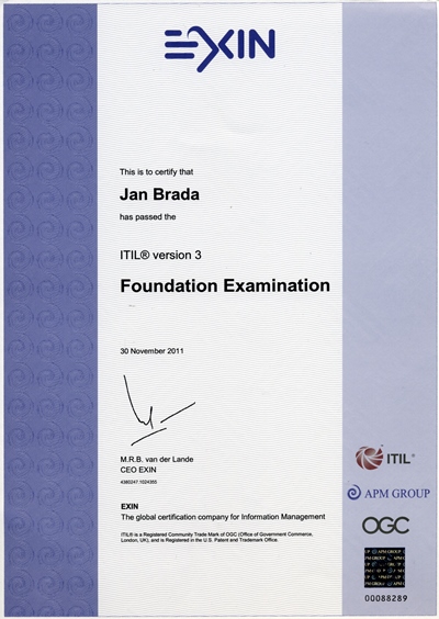 Certifikát ITIL Foundation Jan Brada