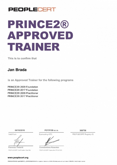 PRINCE2 Approved Trainer certifikát Jan Brada