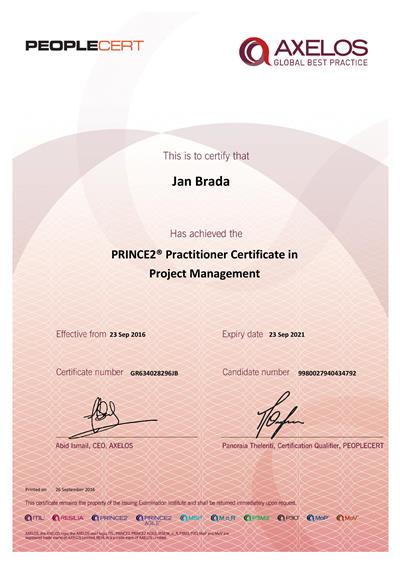 PRINCE2 Practitioner certifikát Jan Brada