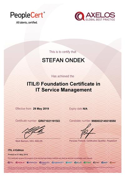 ITIL Foundation certifikát Štefan Ondek