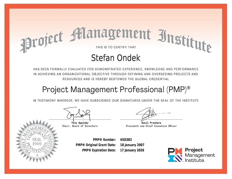 certifikát PMI PMP Štefan Ondek