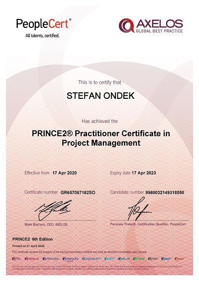 PRINCE2 6th Edition Practitioner certifikát Štefan Ondek